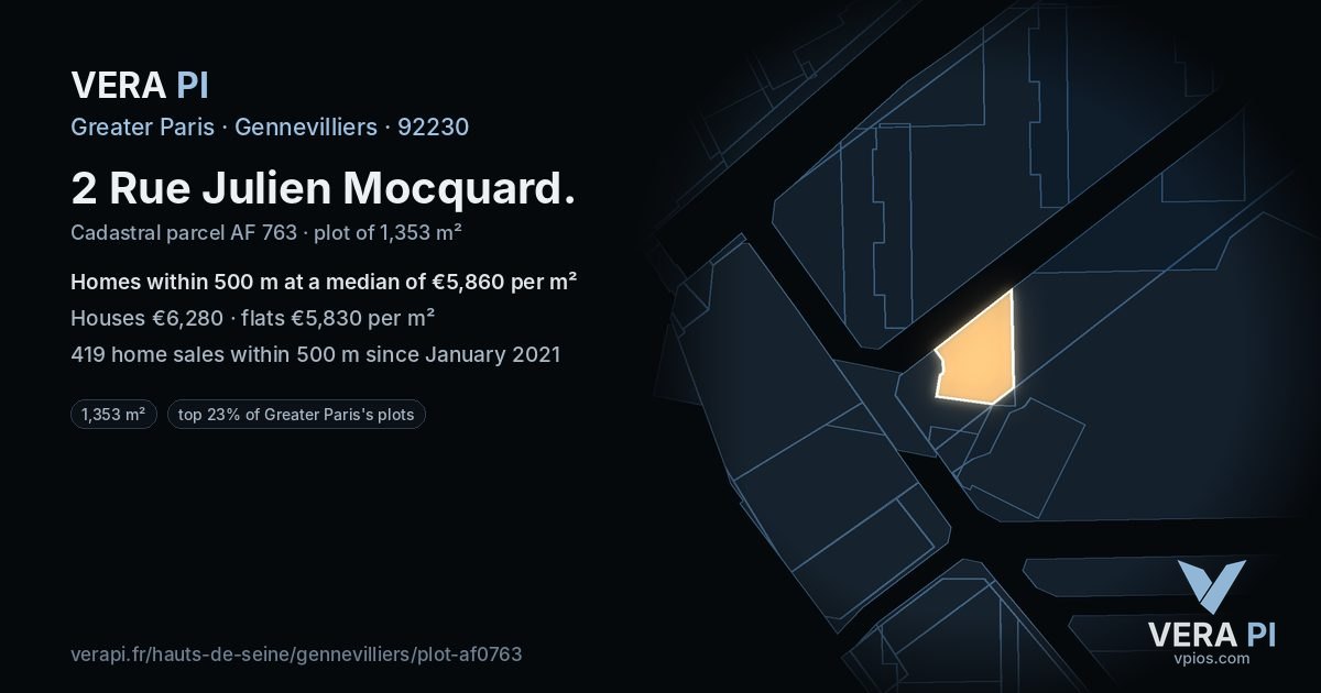 2 Rue Julien Mocquard, Gennevilliers at night – the plot lit, the parcels around coloured by the prices near them