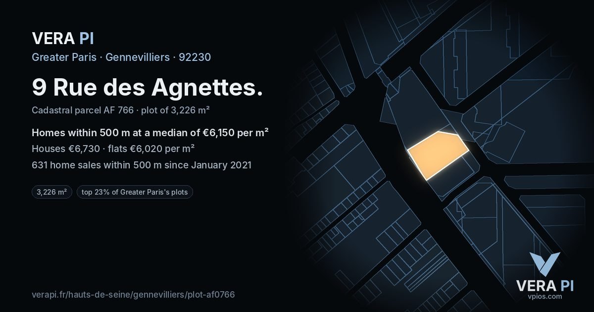 9 Rue des Agnettes, Gennevilliers at night – the plot lit, the parcels around coloured by the prices near them