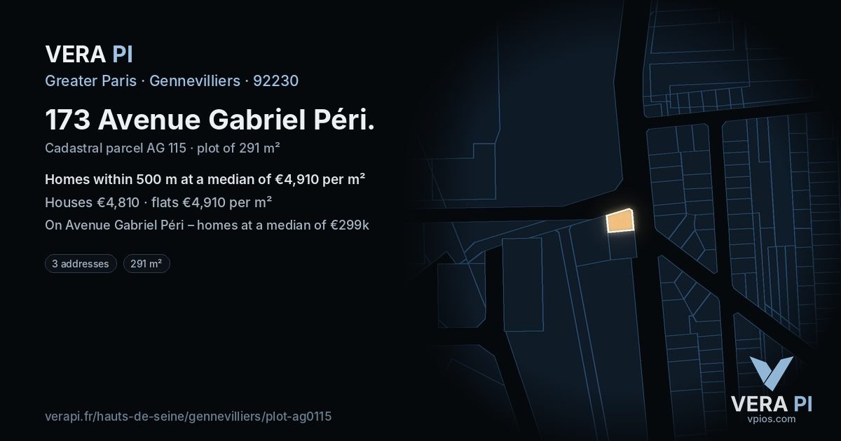 173 Avenue Gabriel Péri, Gennevilliers at night – the plot lit, the parcels around coloured by the prices near them
