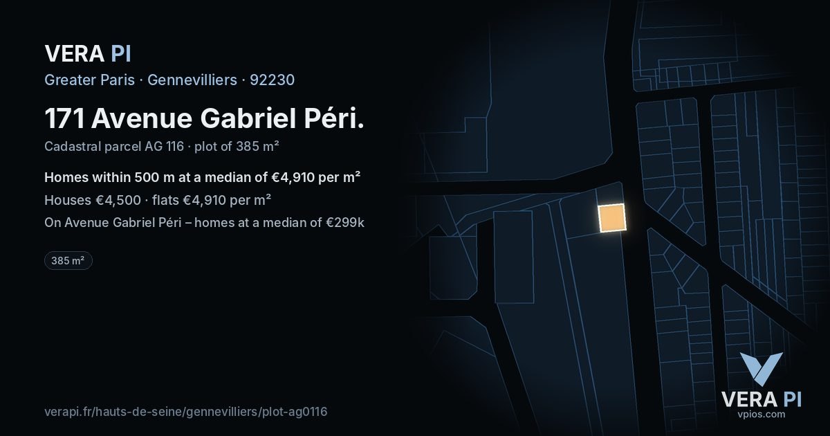 171 Avenue Gabriel Péri, Gennevilliers at night – the plot lit, the parcels around coloured by the prices near them