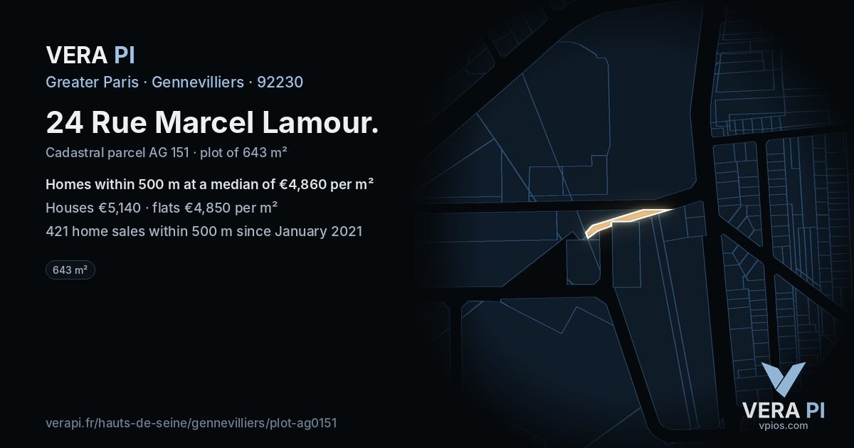 24 Rue Marcel Lamour, Gennevilliers at night – the plot lit, the parcels around coloured by the prices near them