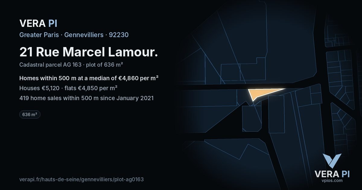 21 Rue Marcel Lamour, Gennevilliers at night – the plot lit, the parcels around coloured by the prices near them
