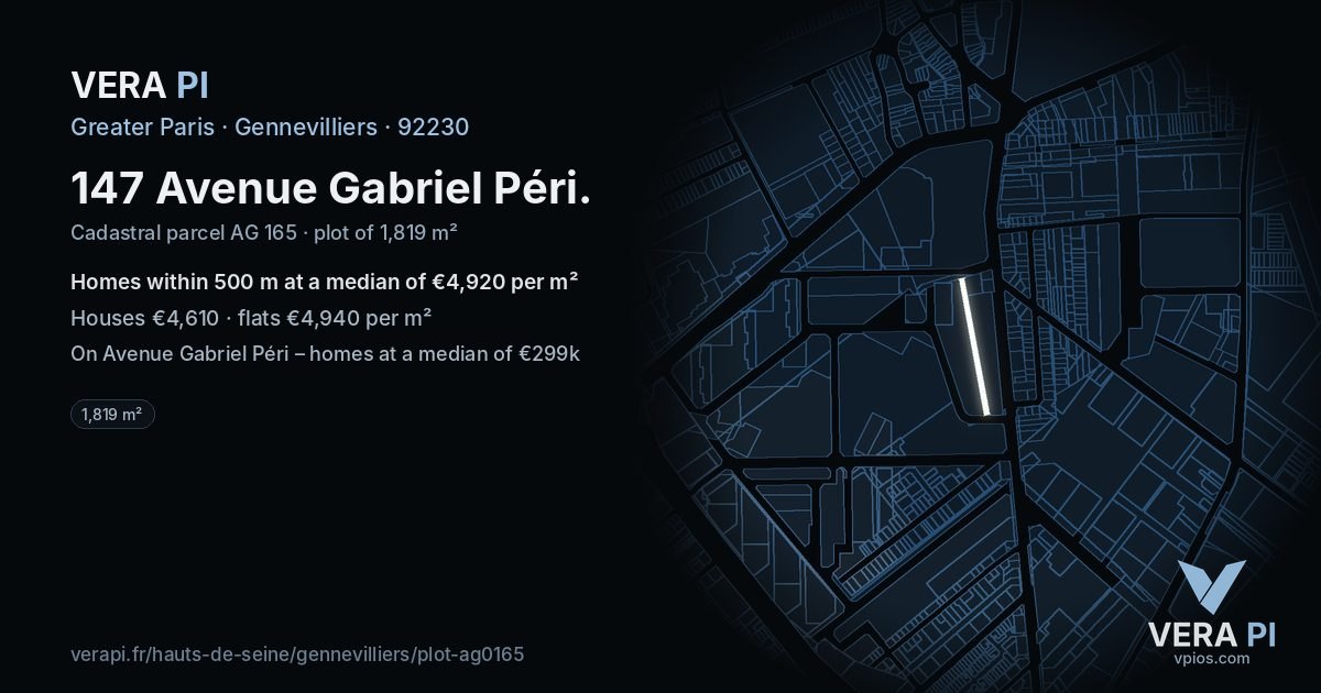 147 Avenue Gabriel Péri, Gennevilliers at night – the plot lit, the parcels around coloured by the prices near them