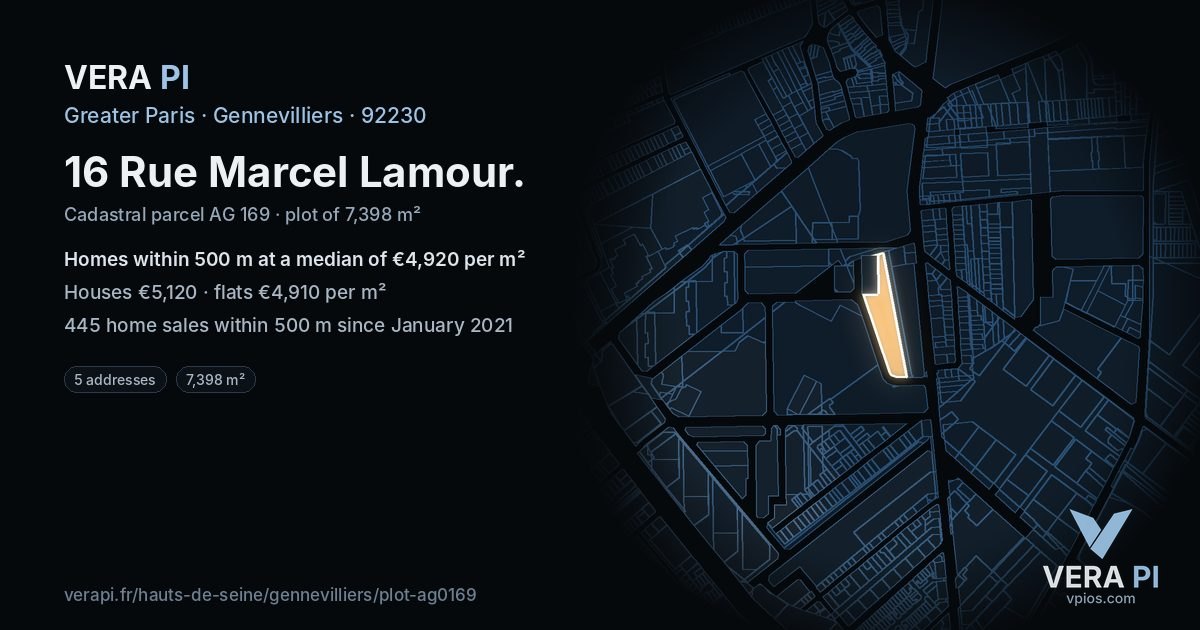 16 Rue Marcel Lamour, Gennevilliers at night – the plot lit, the parcels around coloured by the prices near them