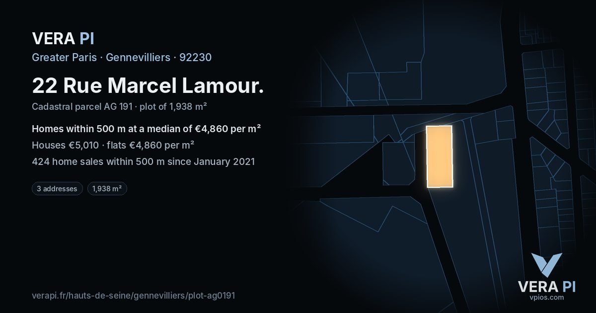 22 Rue Marcel Lamour, Gennevilliers at night – the plot lit, the parcels around coloured by the prices near them
