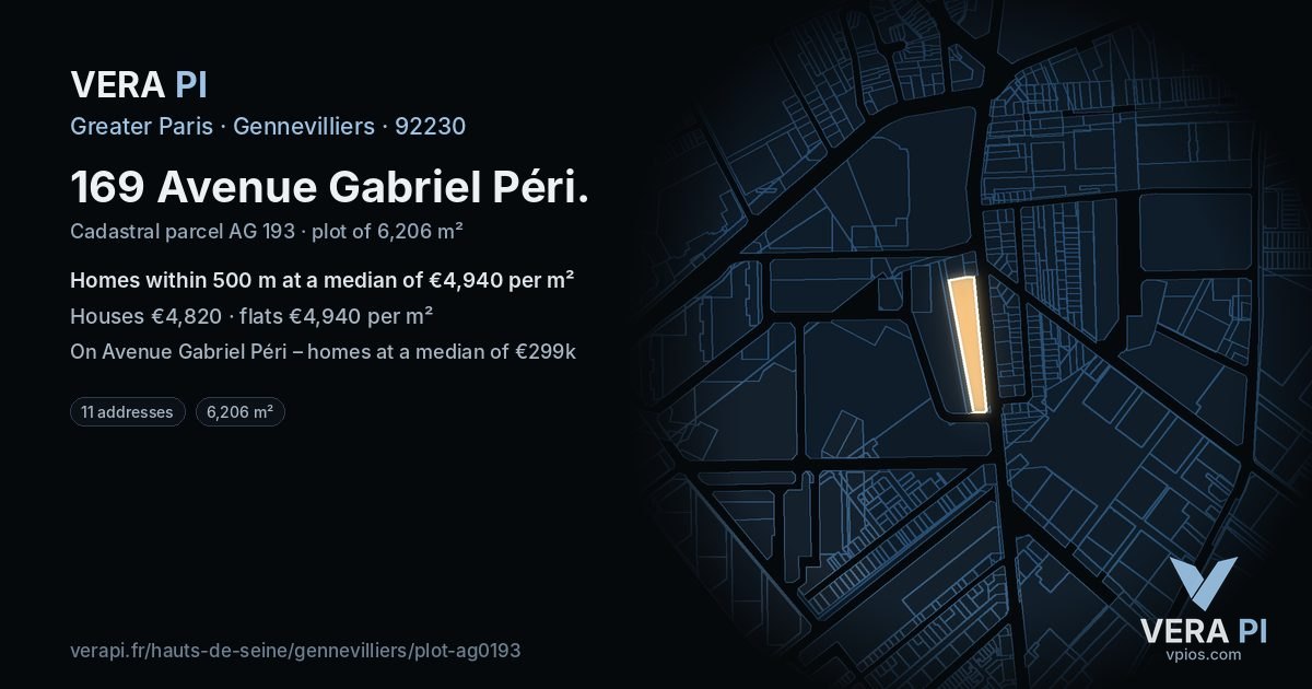 169 Avenue Gabriel Péri, Gennevilliers at night – the plot lit, the parcels around coloured by the prices near them