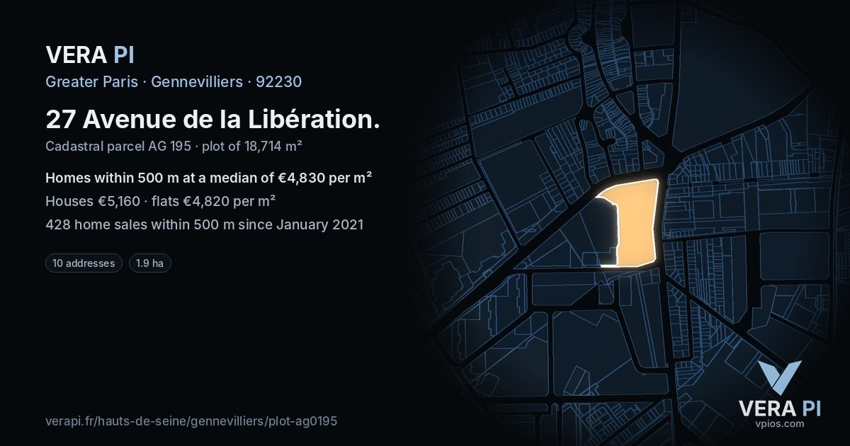 27 Avenue de la Libération, Gennevilliers at night – the plot lit, the parcels around coloured by the prices near them