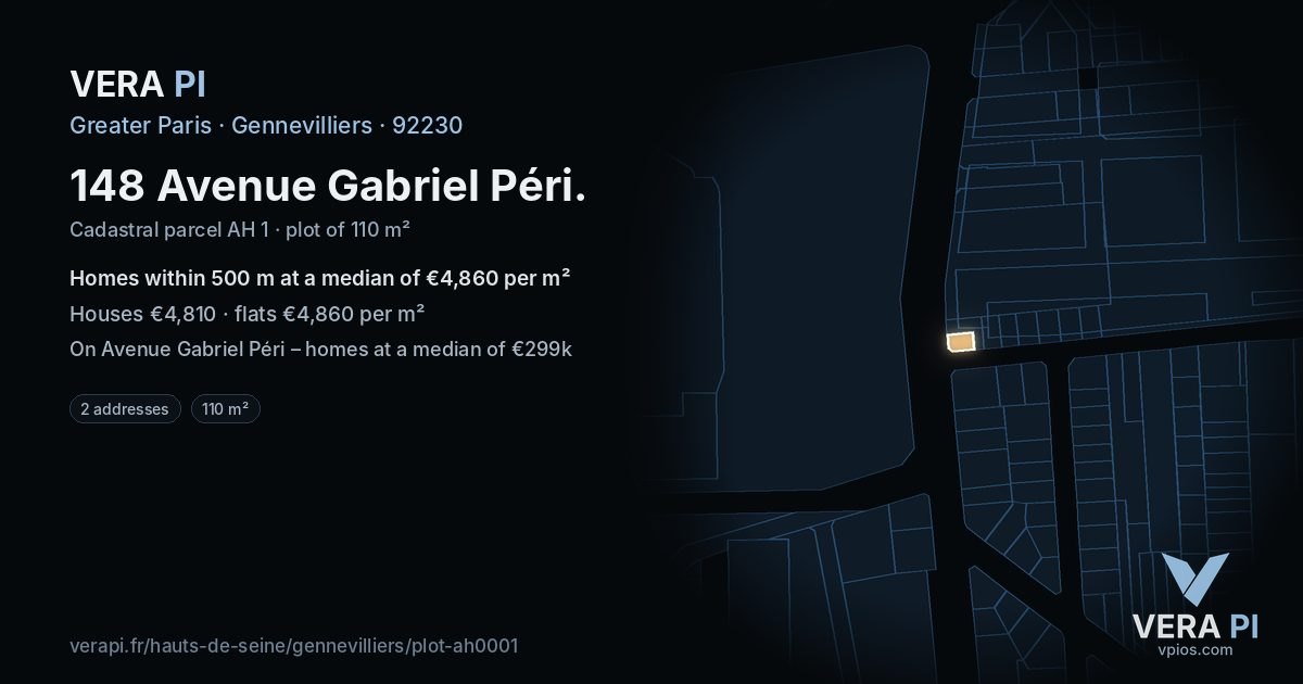 148 Avenue Gabriel Péri, Gennevilliers at night – the plot lit, the parcels around coloured by the prices near them