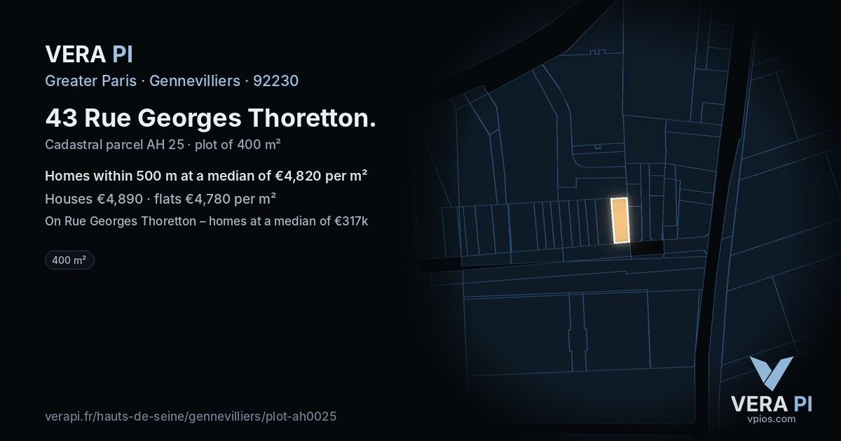 43 Rue Georges Thoretton, Gennevilliers at night – the plot lit, the parcels around coloured by the prices near them