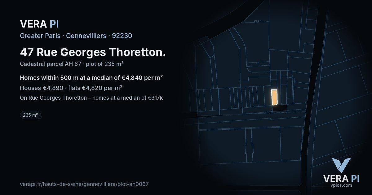 47 Rue Georges Thoretton, Gennevilliers at night – the plot lit, the parcels around coloured by the prices near them