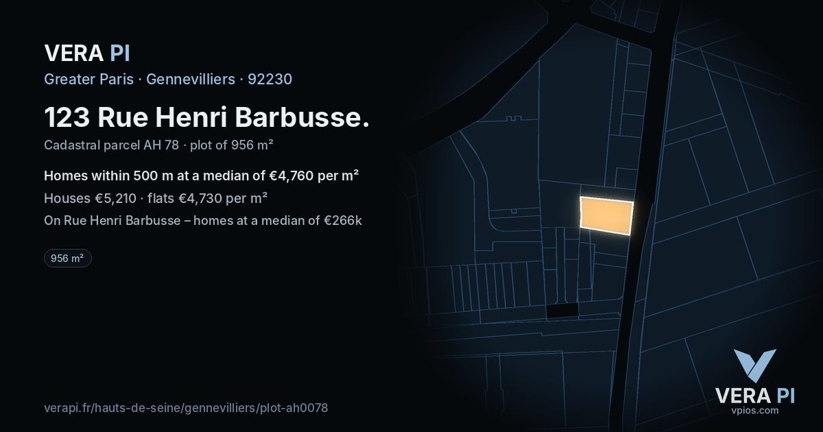 123 Rue Henri Barbusse, Gennevilliers at night – the plot lit, the parcels around coloured by the prices near them