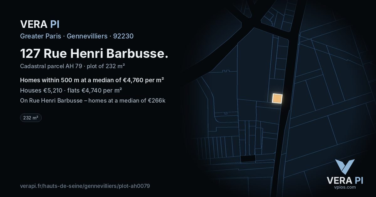 127 Rue Henri Barbusse, Gennevilliers at night – the plot lit, the parcels around coloured by the prices near them