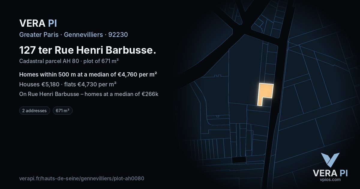 127 ter Rue Henri Barbusse, Gennevilliers at night – the plot lit, the parcels around coloured by the prices near them