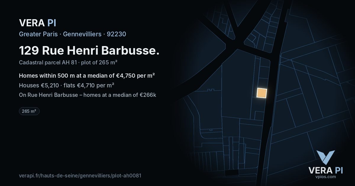 129 Rue Henri Barbusse, Gennevilliers at night – the plot lit, the parcels around coloured by the prices near them