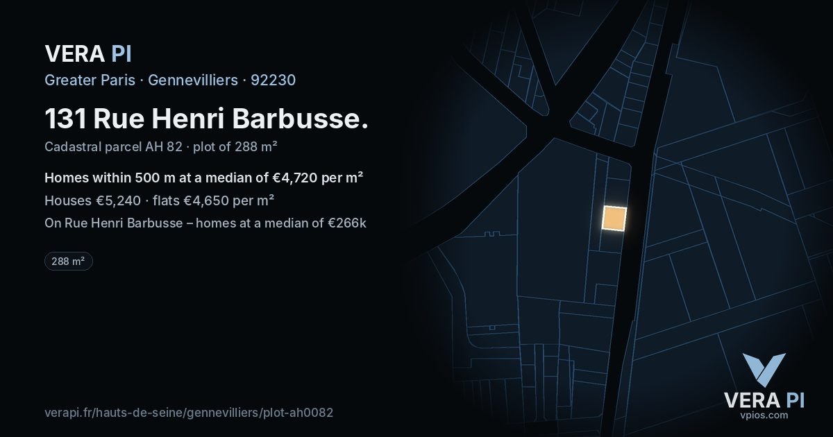 131 Rue Henri Barbusse, Gennevilliers at night – the plot lit, the parcels around coloured by the prices near them