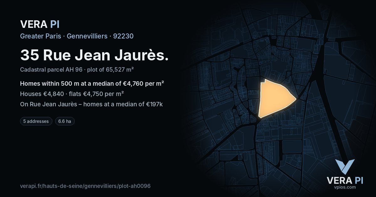 35 Rue Jean Jaurès, Gennevilliers at night – the plot lit, the parcels around coloured by the prices near them