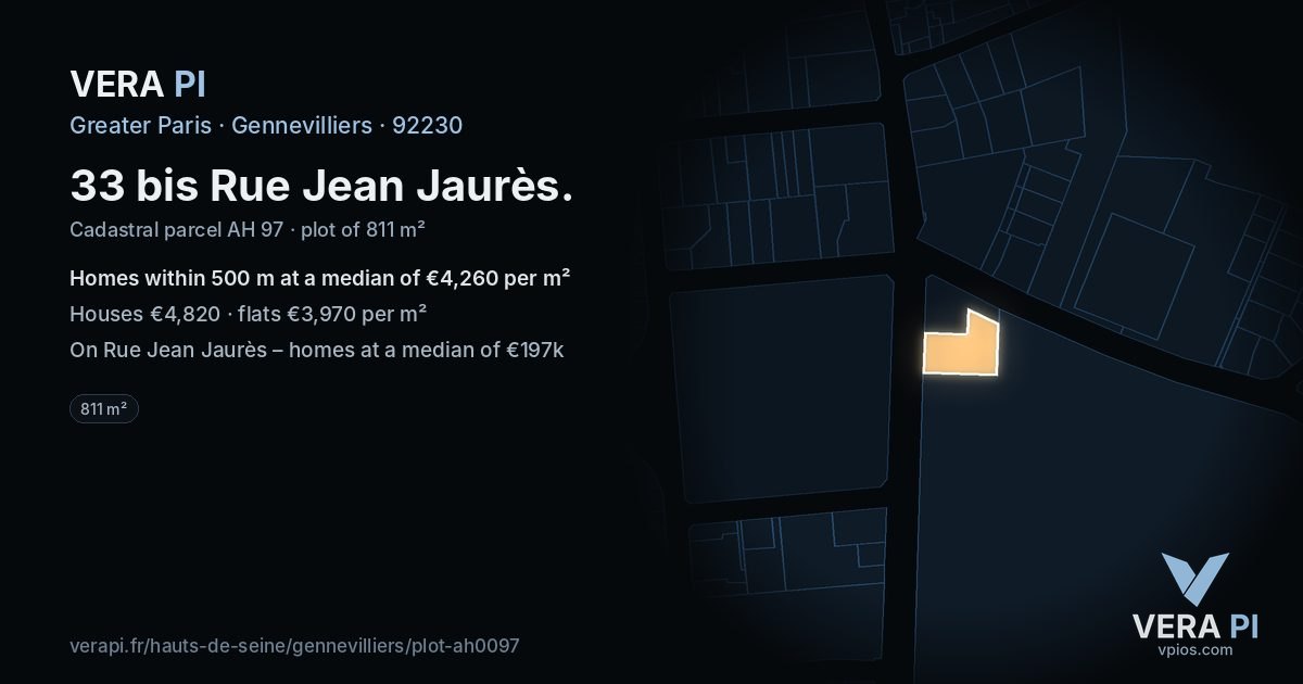 33 bis Rue Jean Jaurès, Gennevilliers at night – the plot lit, the parcels around coloured by the prices near them