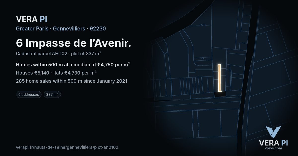 6 Impasse de l’Avenir, Gennevilliers at night – the plot lit, the parcels around coloured by the prices near them