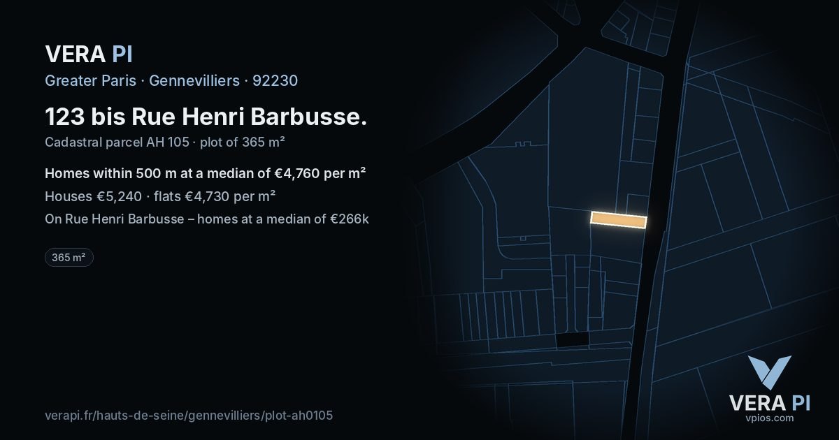 123 bis Rue Henri Barbusse, Gennevilliers at night – the plot lit, the parcels around coloured by the prices near them
