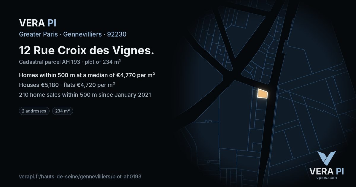 12 Rue Croix des Vignes, Gennevilliers at night – the plot lit, the parcels around coloured by the prices near them