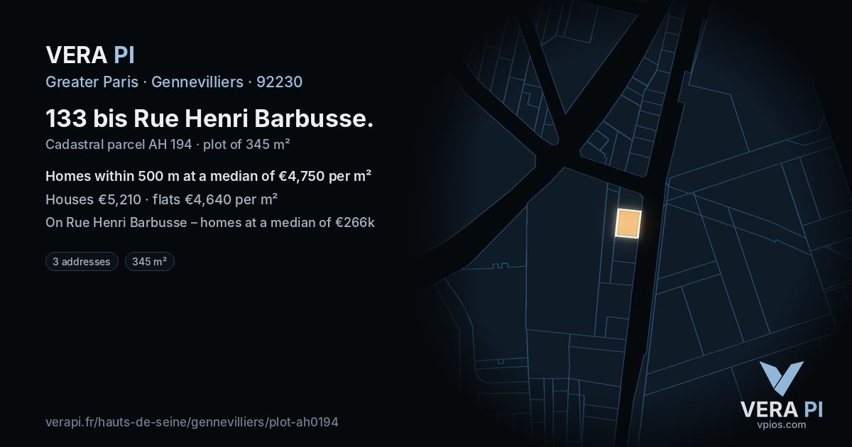 133 bis Rue Henri Barbusse, Gennevilliers at night – the plot lit, the parcels around coloured by the prices near them