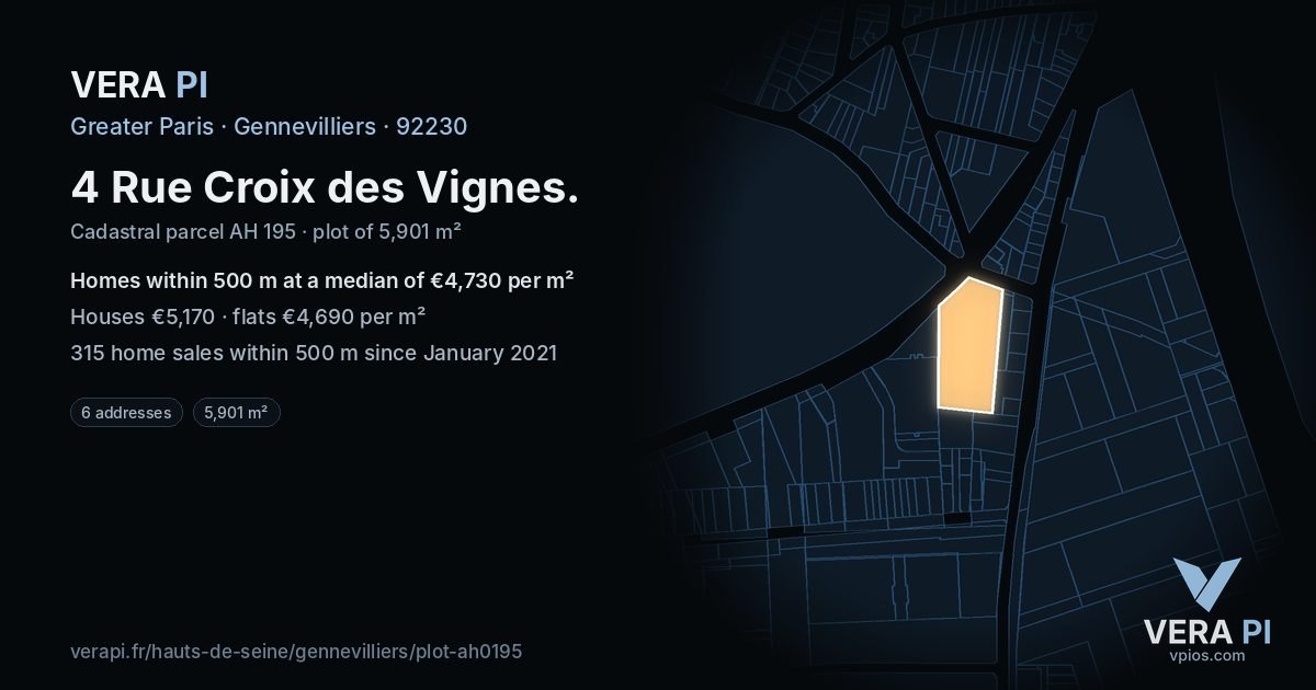 4 Rue Croix des Vignes, Gennevilliers at night – the plot lit, the parcels around coloured by the prices near them