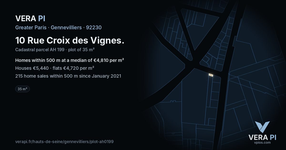 10 Rue Croix des Vignes, Gennevilliers at night – the plot lit, the parcels around coloured by the prices near them
