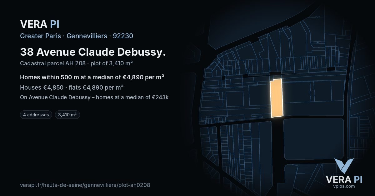 38 Avenue Claude Debussy, Gennevilliers at night – the plot lit, the parcels around coloured by the prices near them