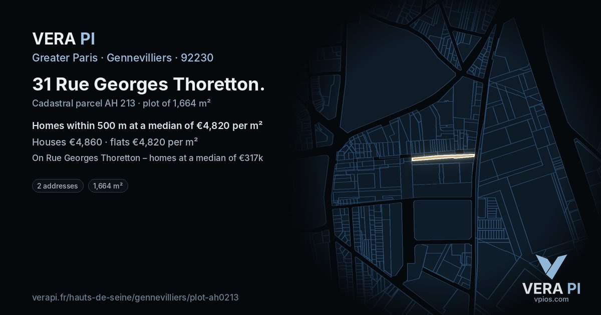 31 Rue Georges Thoretton, Gennevilliers at night – the plot lit, the parcels around coloured by the prices near them