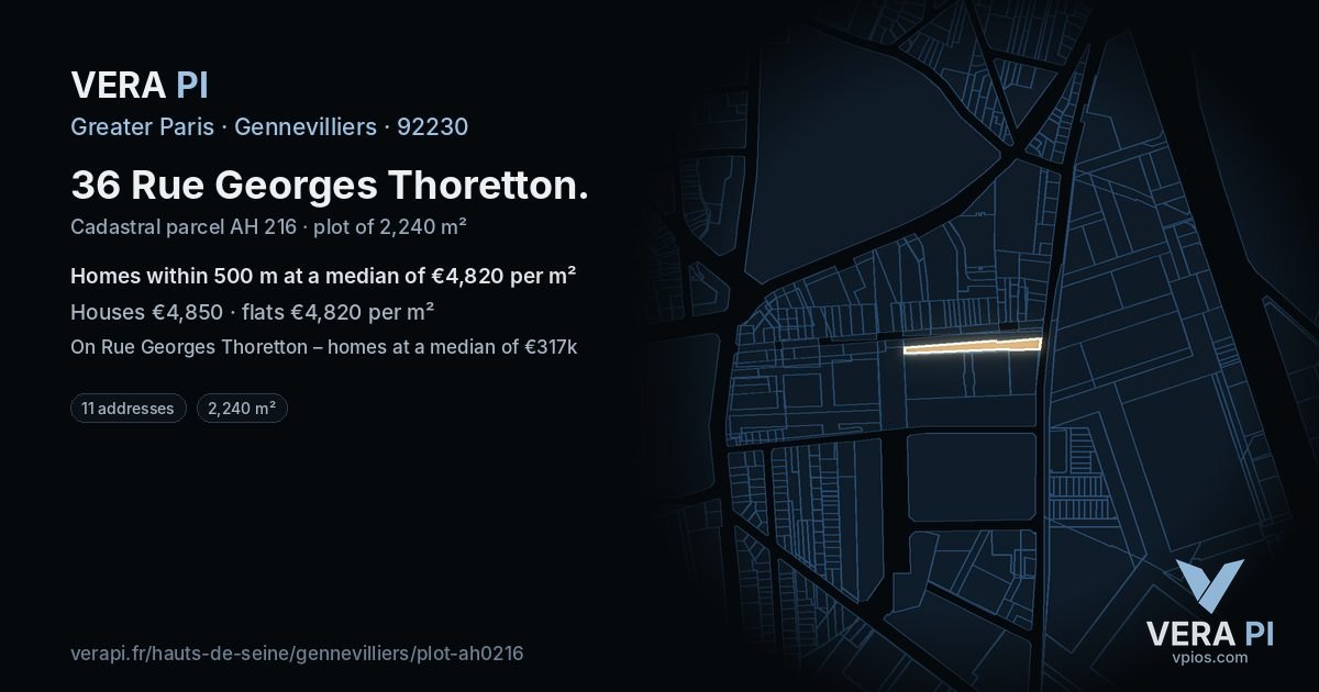 36 Rue Georges Thoretton, Gennevilliers at night – the plot lit, the parcels around coloured by the prices near them