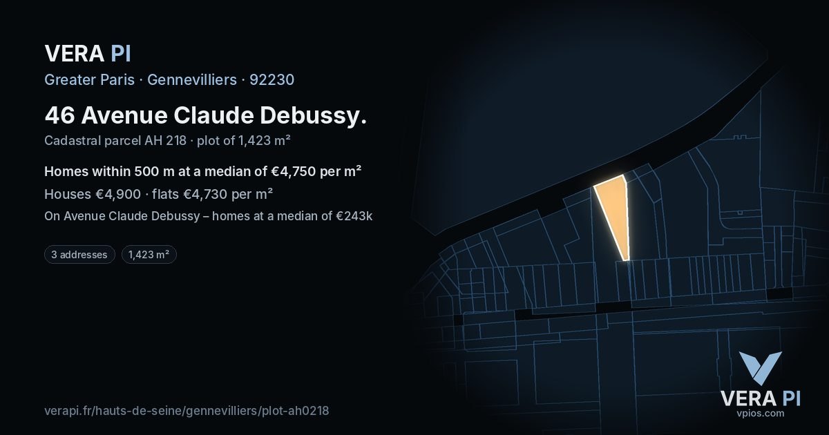 46 Avenue Claude Debussy, Gennevilliers at night – the plot lit, the parcels around coloured by the prices near them