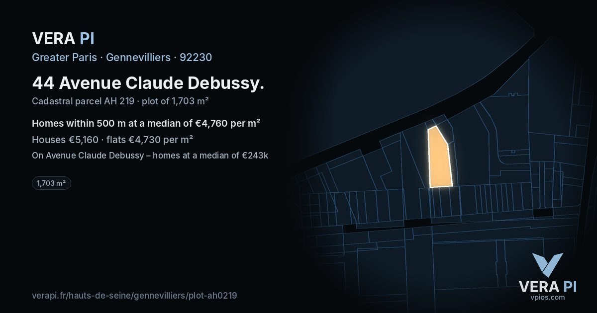 44 Avenue Claude Debussy, Gennevilliers at night – the plot lit, the parcels around coloured by the prices near them