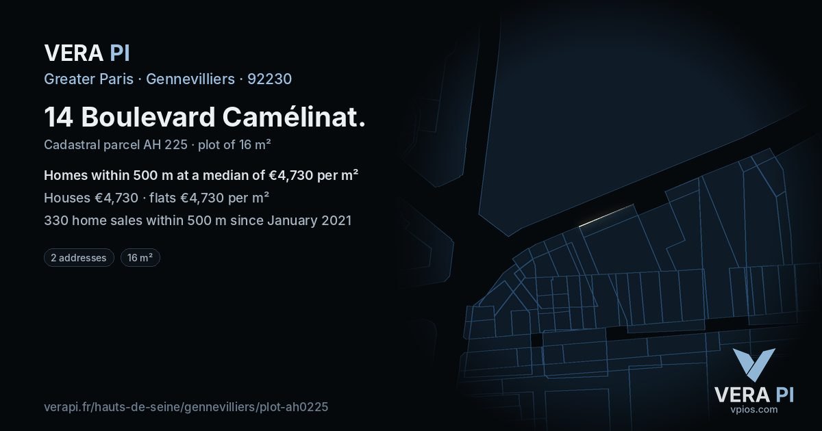 14 Boulevard Camélinat, Gennevilliers at night – the plot lit, the parcels around coloured by the prices near them