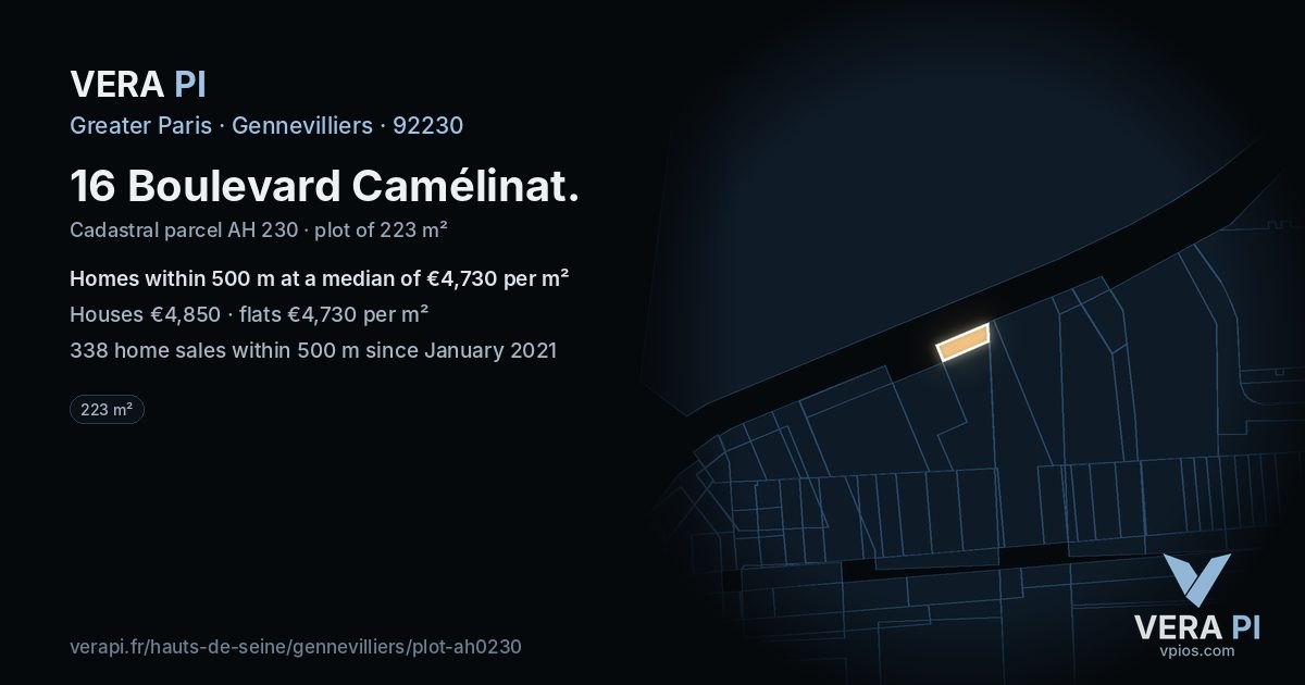 16 Boulevard Camélinat, Gennevilliers at night – the plot lit, the parcels around coloured by the prices near them
