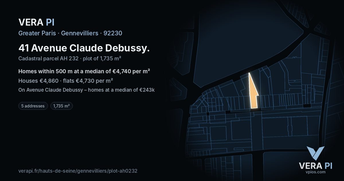 41 Avenue Claude Debussy, Gennevilliers at night – the plot lit, the parcels around coloured by the prices near them