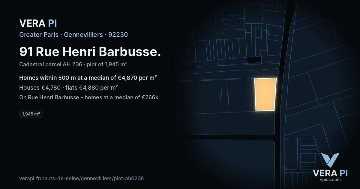 91 Rue Henri Barbusse, Gennevilliers at night – the plot lit, the parcels around coloured by the prices near them