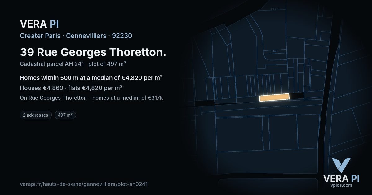 39 Rue Georges Thoretton, Gennevilliers at night – the plot lit, the parcels around coloured by the prices near them