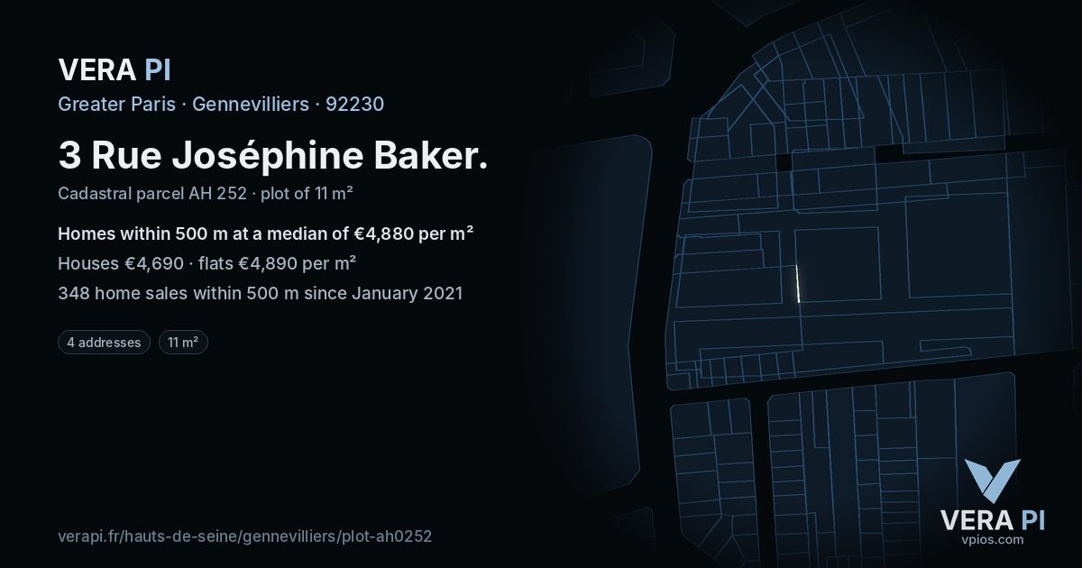 3 Rue Joséphine Baker, Gennevilliers at night – the plot lit, the parcels around coloured by the prices near them