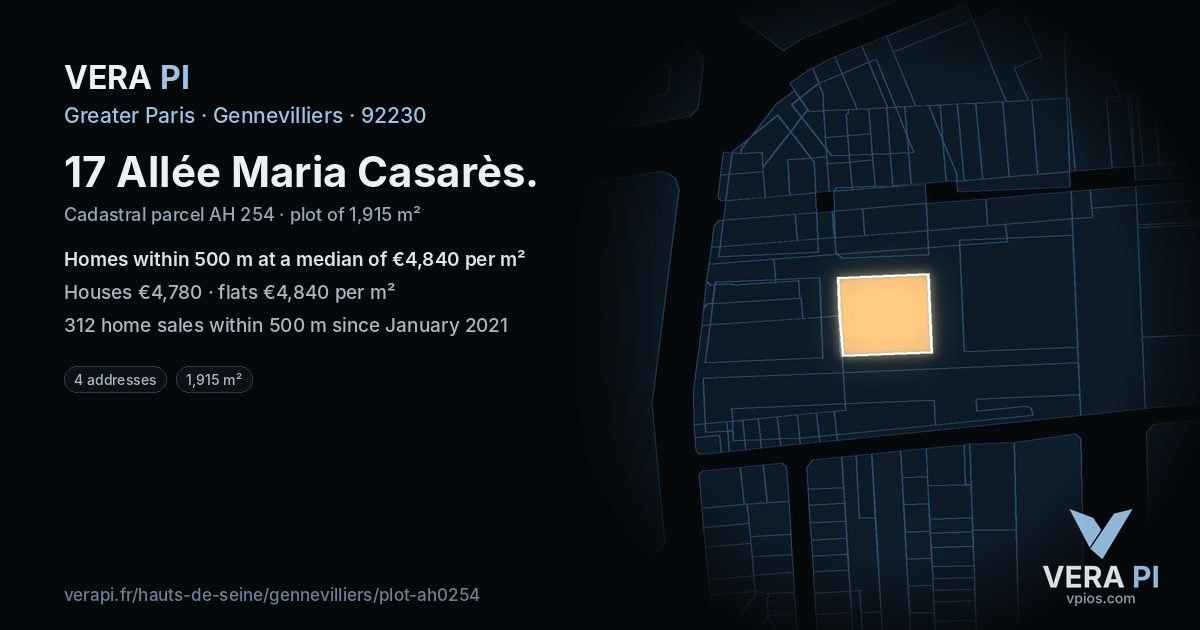17 Allée Maria Casarès, Gennevilliers at night – the plot lit, the parcels around coloured by the prices near them