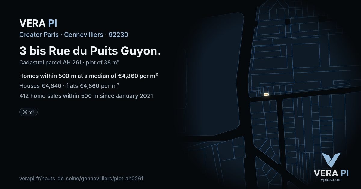 3 bis Rue du Puits Guyon, Gennevilliers at night – the plot lit, the parcels around coloured by the prices near them