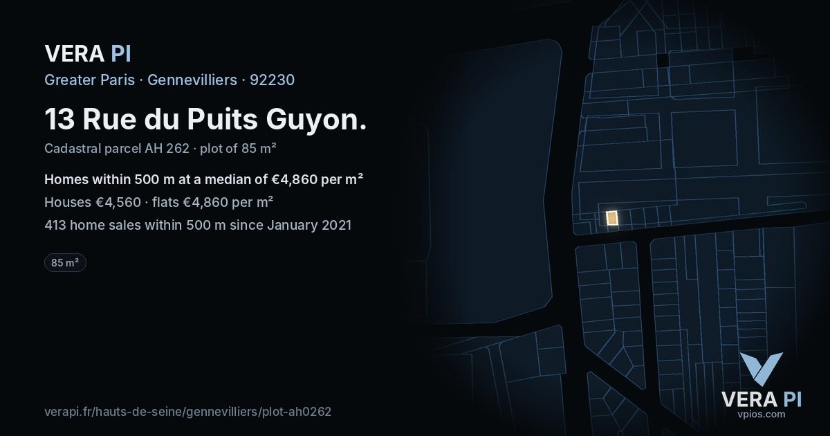 13 Rue du Puits Guyon, Gennevilliers at night – the plot lit, the parcels around coloured by the prices near them