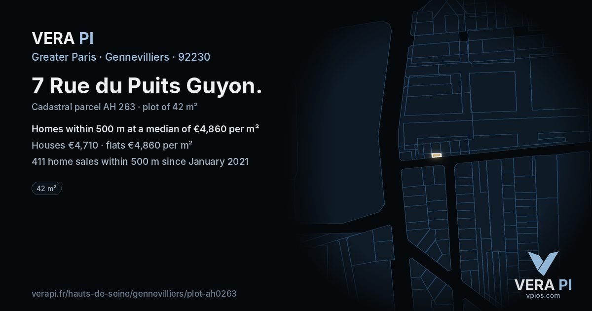 7 Rue du Puits Guyon, Gennevilliers at night – the plot lit, the parcels around coloured by the prices near them
