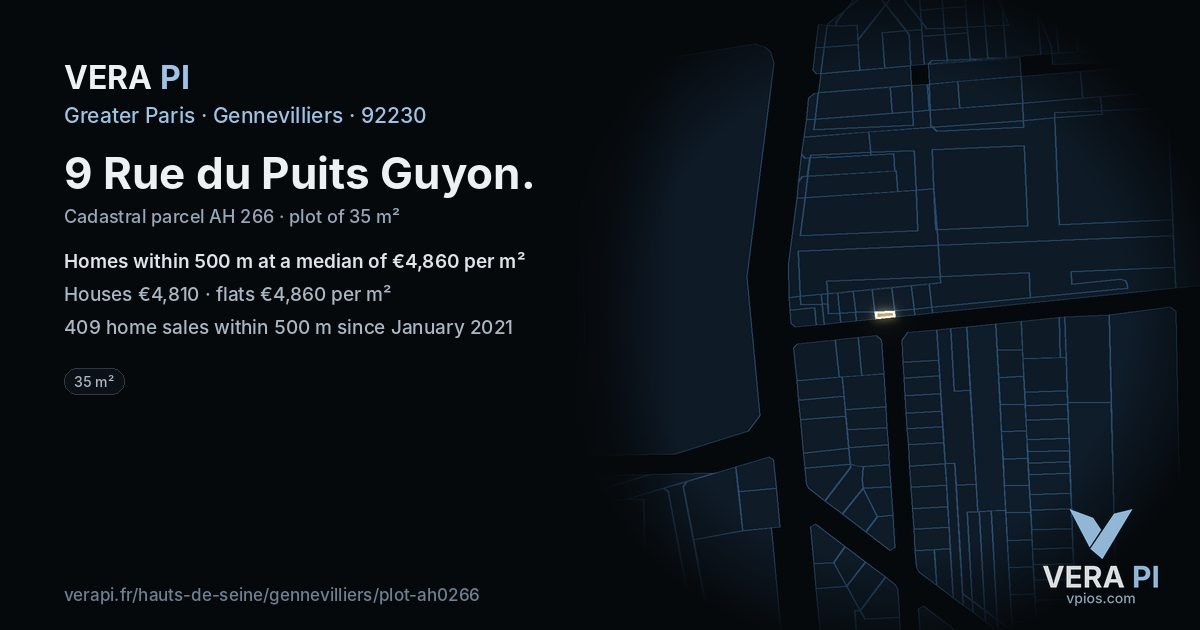 9 Rue du Puits Guyon, Gennevilliers at night – the plot lit, the parcels around coloured by the prices near them