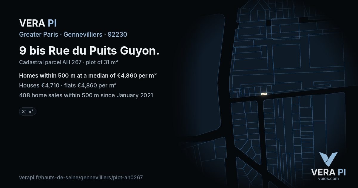 9 bis Rue du Puits Guyon, Gennevilliers at night – the plot lit, the parcels around coloured by the prices near them
