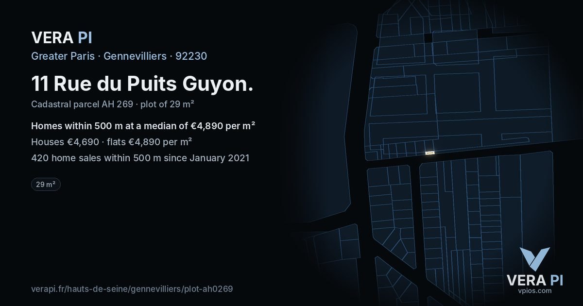 11 Rue du Puits Guyon, Gennevilliers at night – the plot lit, the parcels around coloured by the prices near them