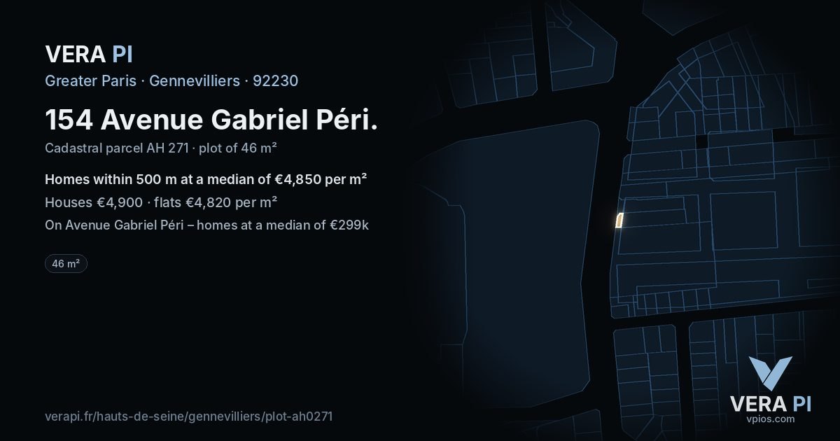 154 Avenue Gabriel Péri, Gennevilliers at night – the plot lit, the parcels around coloured by the prices near them