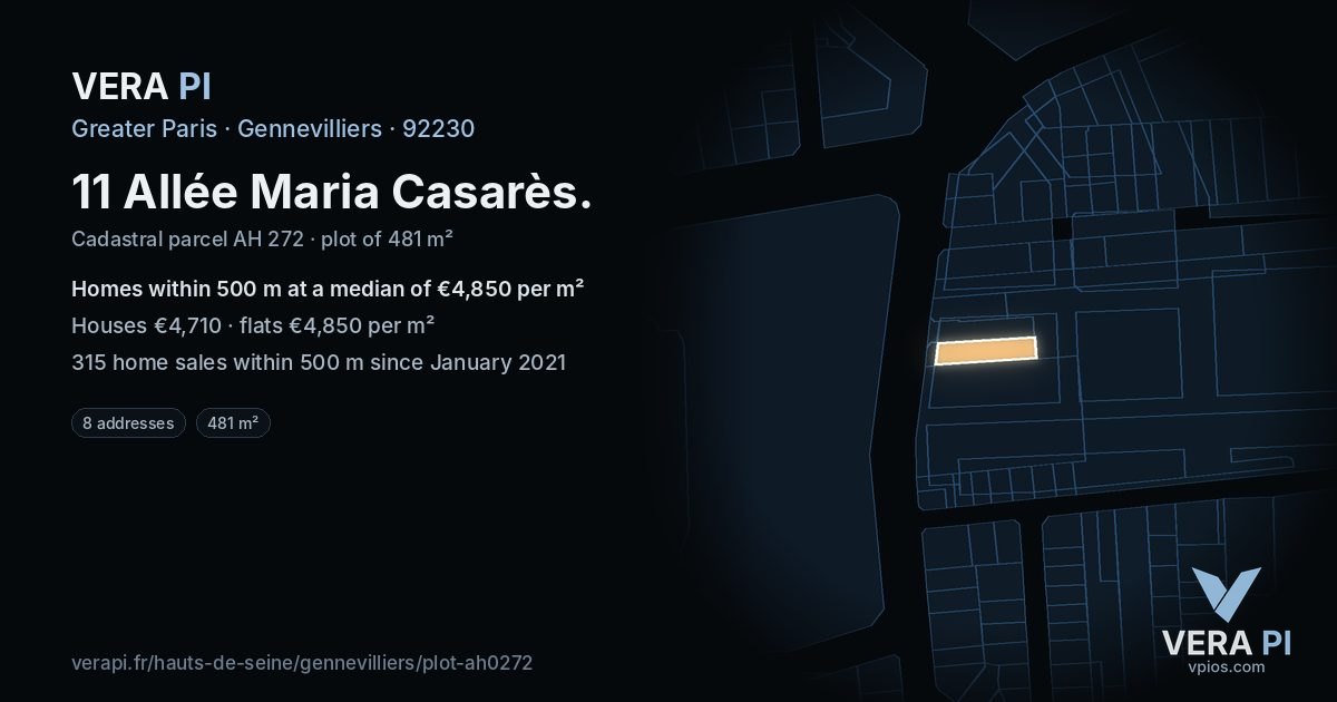 11 Allée Maria Casarès, Gennevilliers at night – the plot lit, the parcels around coloured by the prices near them