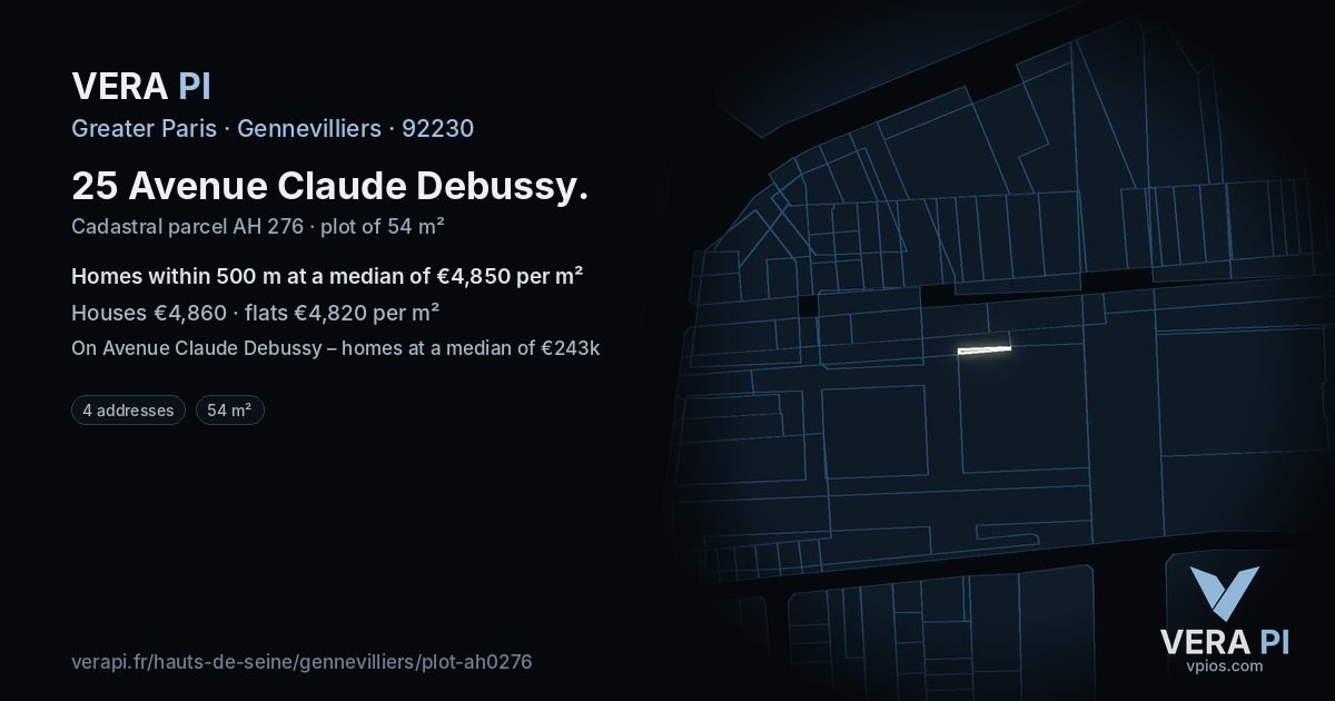 25 Avenue Claude Debussy, Gennevilliers at night – the plot lit, the parcels around coloured by the prices near them