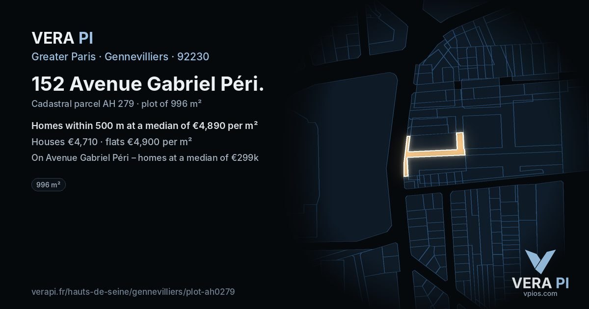 152 Avenue Gabriel Péri, Gennevilliers at night – the plot lit, the parcels around coloured by the prices near them