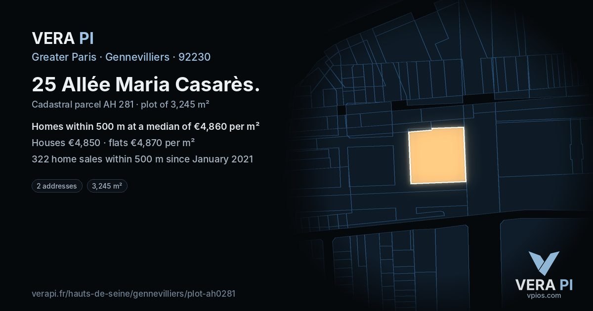 25 Allée Maria Casarès, Gennevilliers at night – the plot lit, the parcels around coloured by the prices near them